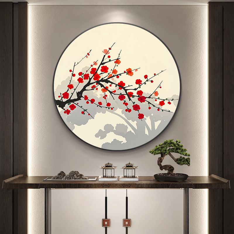 梅花入户玄关装饰画新中式圆形餐厅挂画古风茶楼包厢墙面艺术壁画图片