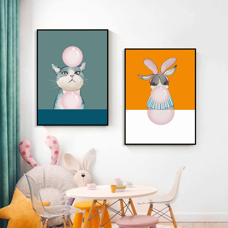 北欧卧室儿童房装饰画房间床头壁画吹泡泡动物创意客厅挂画男女孩