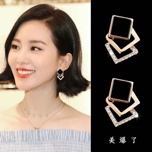 百搭方形耳钉纯银韩版水晶女