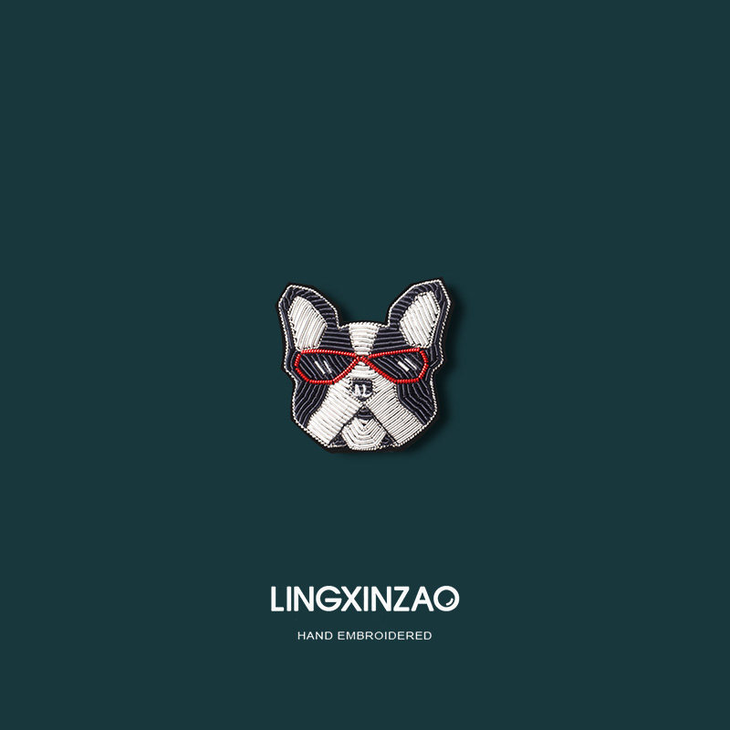 灵心造设计感眼镜斗牛犬胸针手工刺绣高档精致徽章别针衣服配饰潮