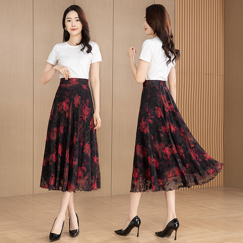 2026新款夏季剪花雪纺印花半身裙女a字高腰修身中长款大摆舞裙子