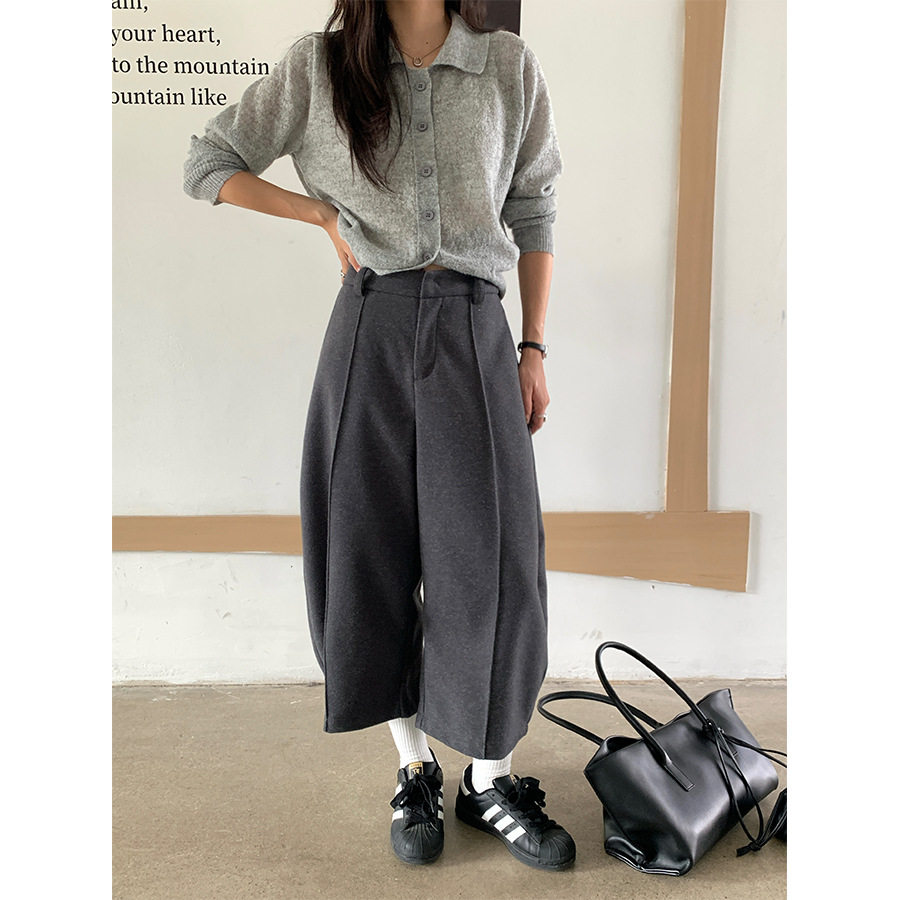 简约基础款毛呢子休闲裤女2025秋冬韩版阔腿廓形八分裤