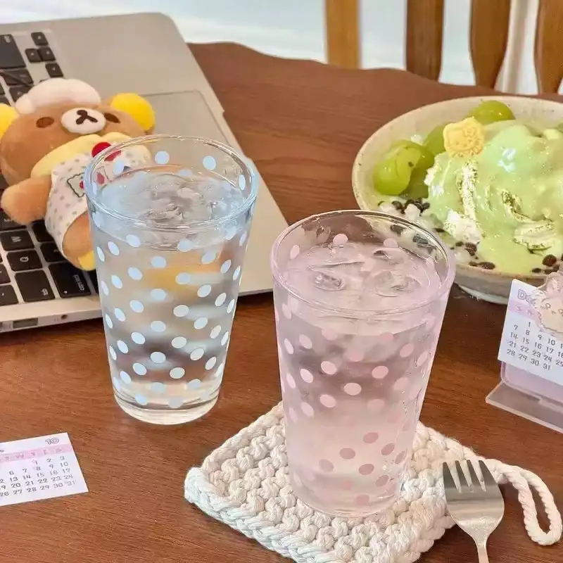粉雾波点ins风薄荷蓝夏季简约大容量咖啡豆浆饮料果汁玻璃水杯