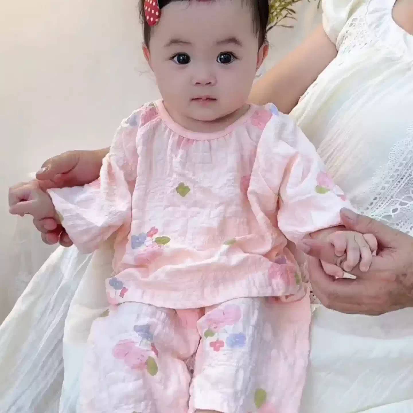 婴儿衣服夏季薄款女宝宝碎花睡衣小月龄A类短袖儿童家居服空调服