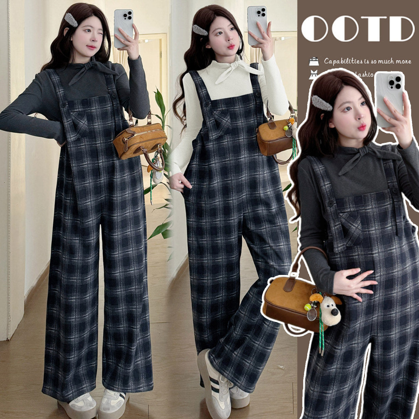 孕妇冬季背带裤套装秋冬洋气时尚加厚加绒保暖格子吊带连体裤子女