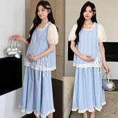 网红辣妈孕妇装 新款 格子上衣半身裙怀孕期两件套 夏季 孕妇休闲套装