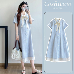 孕妇连衣裙夏款2026新款宽松长款衬衫裙拼接假两件条纹怀孕期裙子