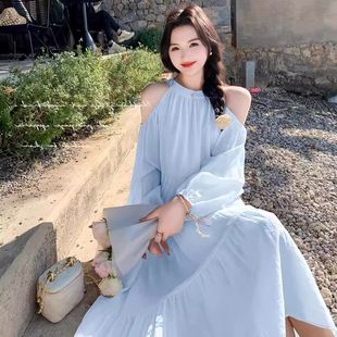 法式 海边度假风露肩连衣裙女2025新款 温柔风甜美宽松绝美仙女长裙