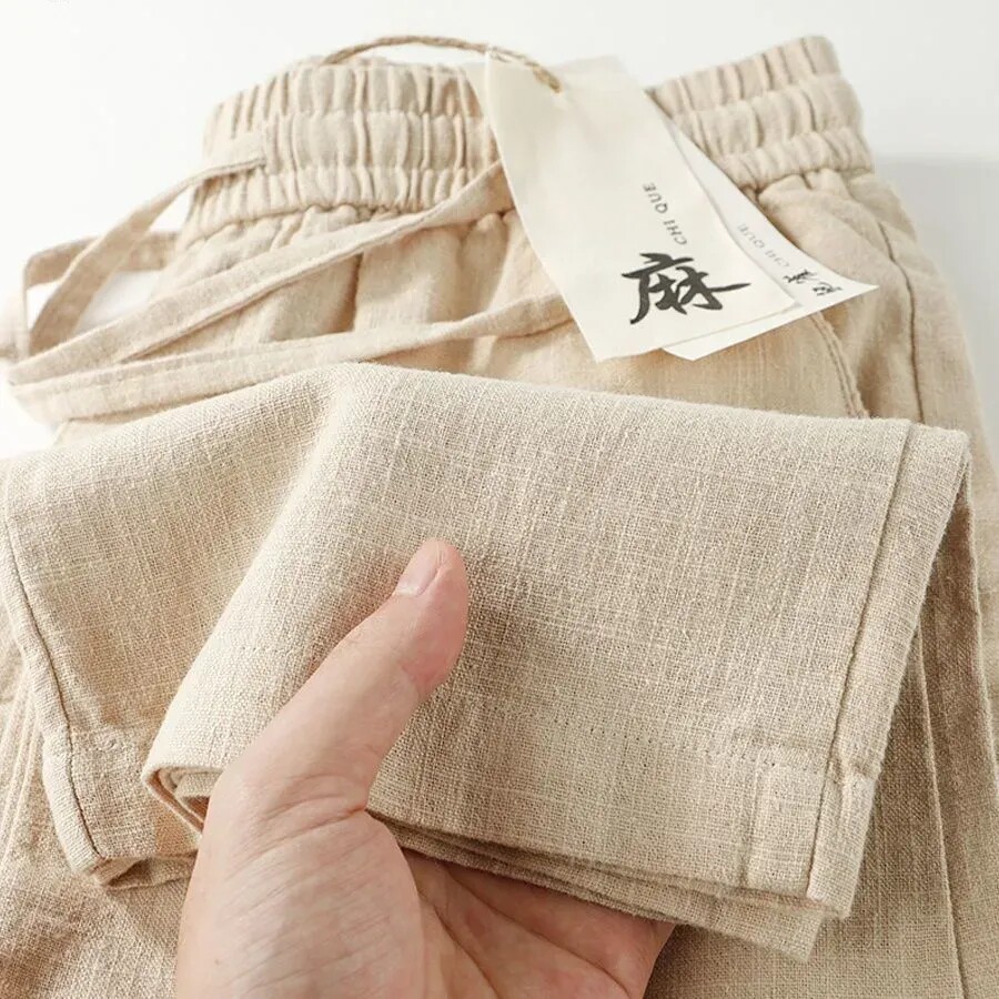 天然亚麻!通勤棉麻直筒休闲长裤 透气苎麻松紧口袋款慵懒感裤子