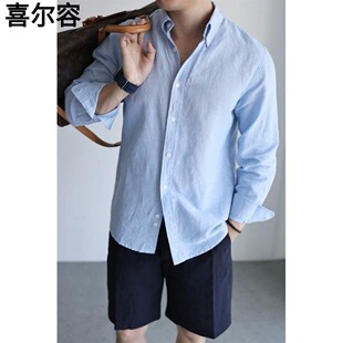 意式亚麻棉色织长袖衬衫休闲商务纯色通勤透气吸湿衬衣春夏