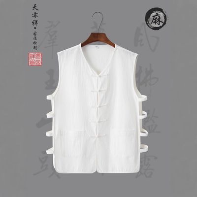 夏薄款亚棉麻中式背心唐装马甲盘扣复古老北京汉衫马褂中老年男装