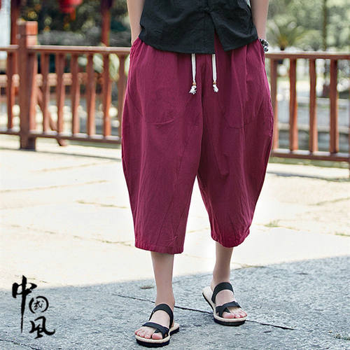 宽松大码棉麻7七分裤潮中国风男大裤衩胖子阔腿亚麻休闲短裤夏季
