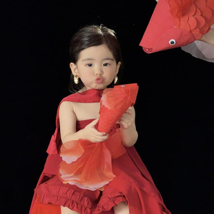 红色亲子主题摄影服装中式仙气飘逸连衣裙国风复古艺术拍照公主裙