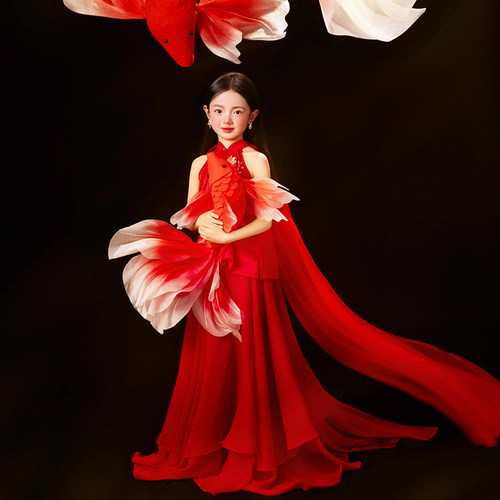 新中式锦鲤女童礼服高端绝美国风小女孩连衣裙影楼主题摄影公主裙