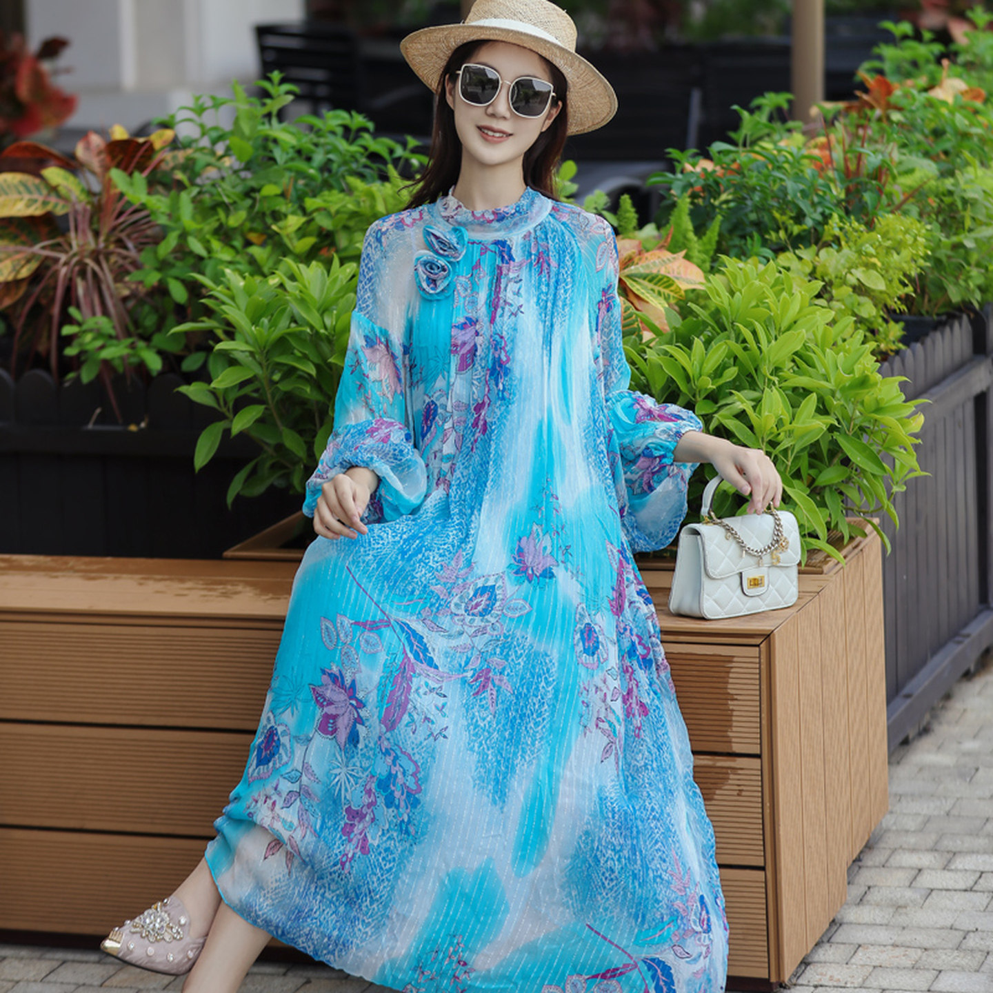 拜占庭的森林印花桑蚕丝连衣裙女小立领长袖三亚海边度假碎花长裙