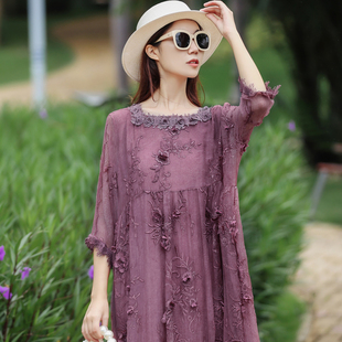 真丝连衣裙女阔太太洋气高贵桑蚕丝轻奢刺绣宽松遮肉显瘦度假长裙