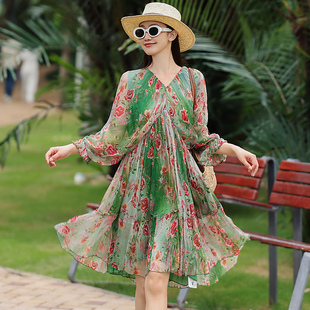 真丝桑蚕丝连衣裙女小个子时尚遮肉显瘦气质高级感轻奢碎花中长款