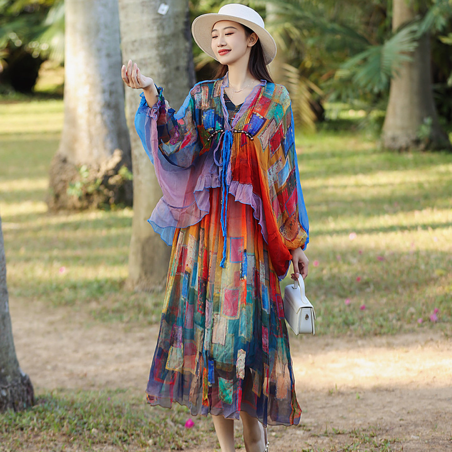 桑蚕丝套装裙大码女装宽松遮肚时尚气质印花外披背心连衣裙两件套