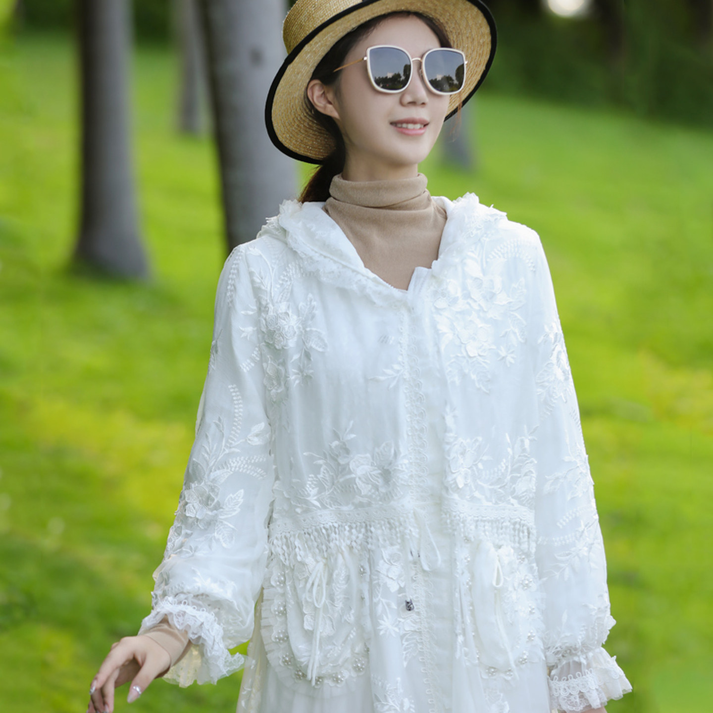 桑蚕丝棉服女冬季新款假两件流苏刺绣收腰显瘦中长款过膝棉衣外套