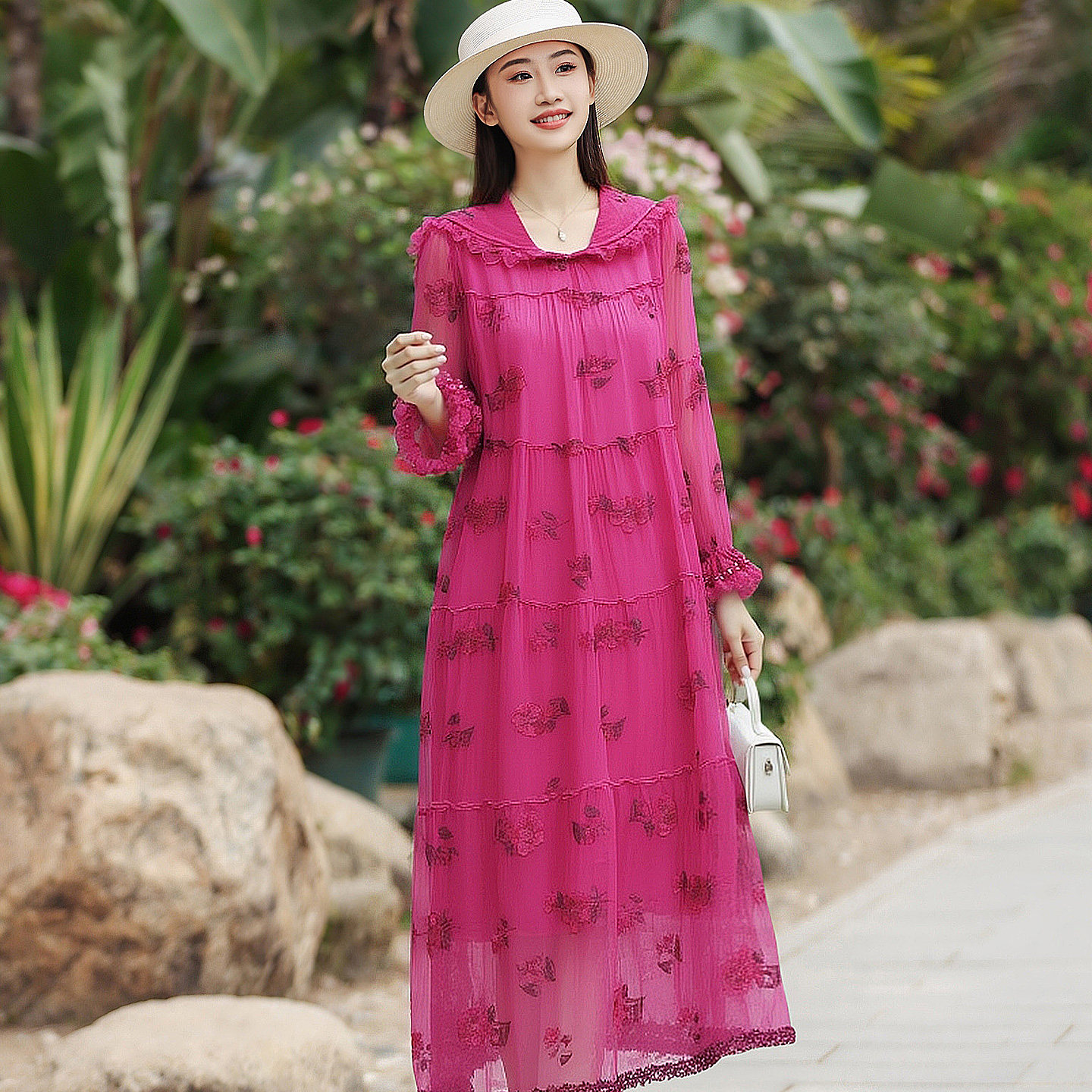 真丝桑蚕丝连衣裙大码女装宽松显瘦玫红色高端轻奢洋气质度假长裙