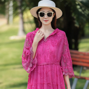 桑蚕丝连衣裙大码女装连帽宽松收腰显瘦高端大牌真丝刺绣度假长裙