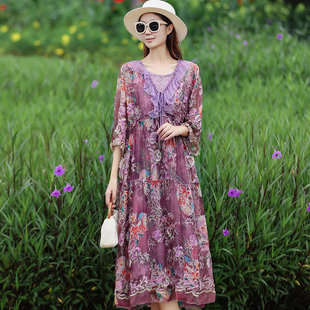 真丝连衣裙女胖mm遮肚子宽松显瘦高级感轻奢碎花刺绣桑蚕丝中长款