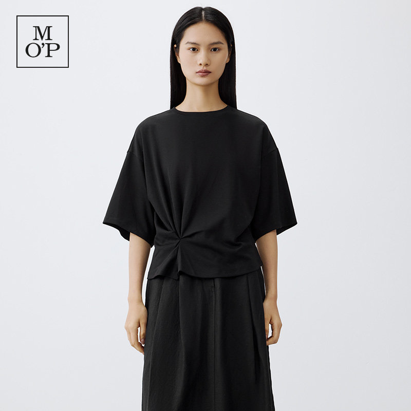 Marc O'Polo/MOP 2025夏季新款圆领抽褶落肩时尚设计感短袖T恤女
