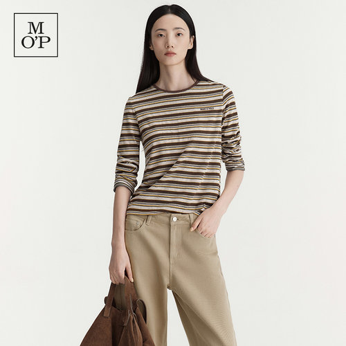 MOP时髦撞色圆领条纹长袖T恤女