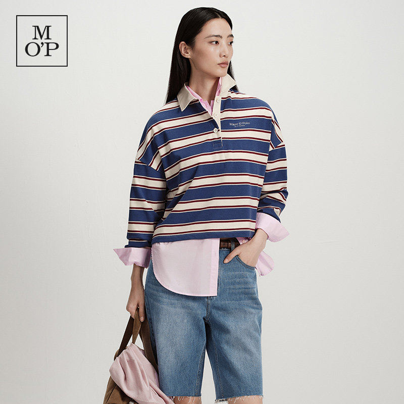 Marc O'Polo/MOP2026春季新款短款设计感条纹拼色POLO领女士卫衣