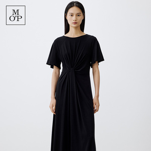 【董璇同款】MOP 夏季新款好看黑色侧扭结时尚高级感圆领连衣裙女