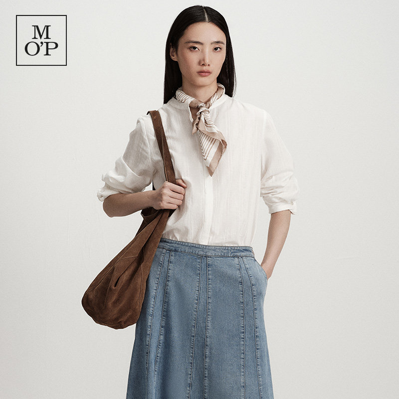 Marc O'Polo/MOP26春季新款条纹肌理设计立领显瘦白色长袖衬衫女