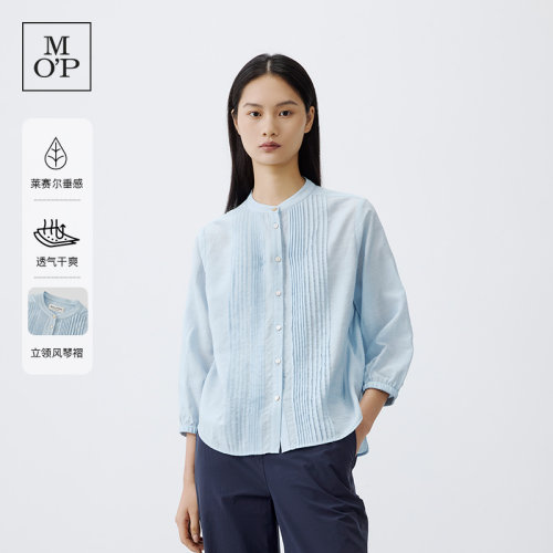 【王艳明星同款】MOP经典复古风琴褶透气亚麻长袖立领衬衫女上衣