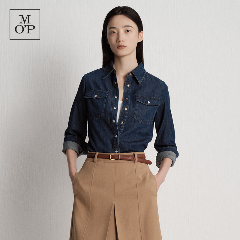 MOP时尚丹宁贴袋修身牛仔衬衫女