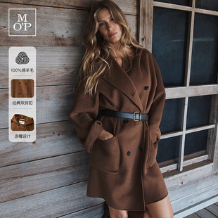 MOP冬新款 吉赛尔邦辰同款 茧型双排扣连帽毛呢大衣女 绵羊毛