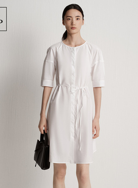 Marc O'Polo/MOP2025夏季新款白色圆领时尚设计廓形七分袖连衣裙