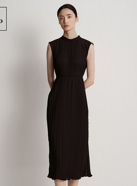 Marc O'Polo/MOP 2025夏季新款黑色圆领褶皱长款收腰气质连衣裙女