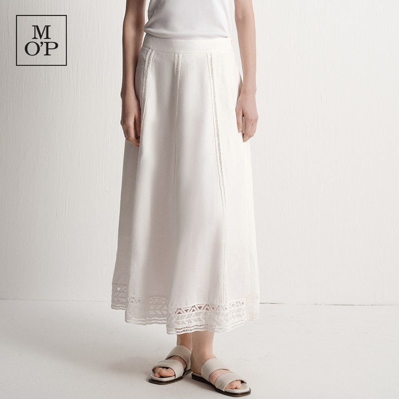 Marc O'Polo夏季新款好看时尚蕾丝白色半身裙天然亚麻长半裙女
