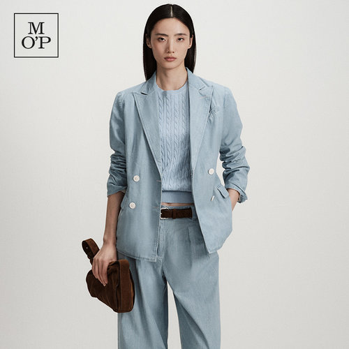 MOP双排扣设计牛仔西装夹克女