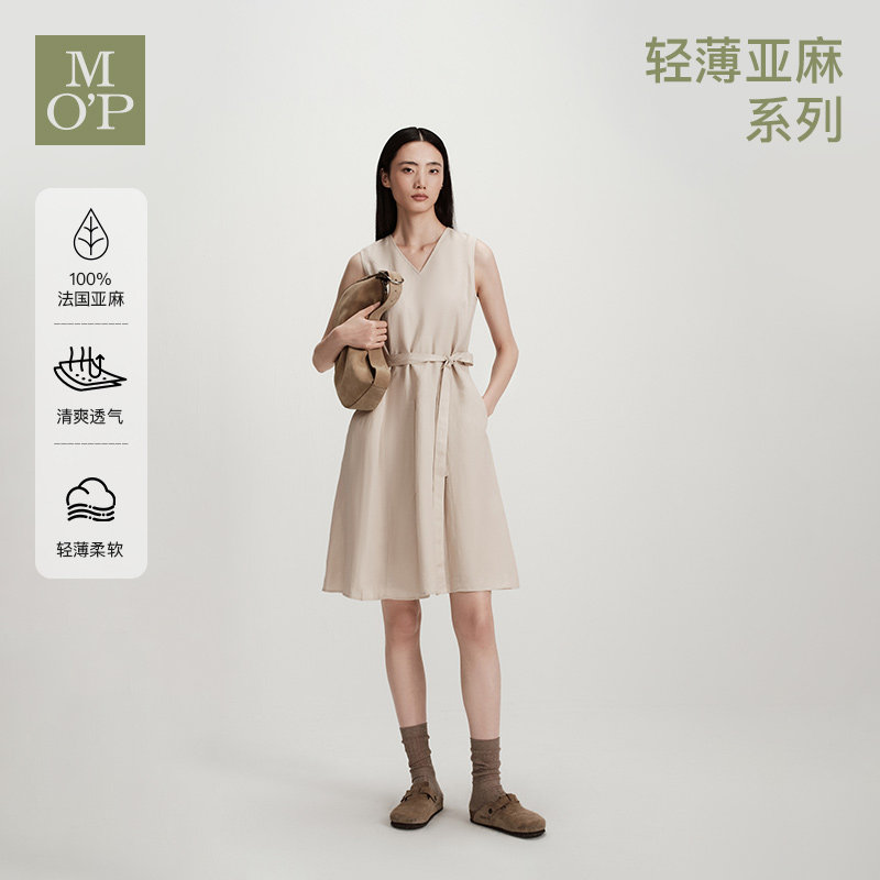 MOP亚麻腰带无袖V领连衣裙女