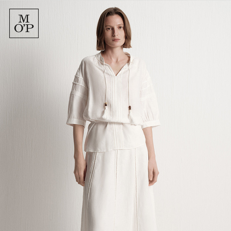 Marc O'Polo夏季新款好看时尚V领串珠装饰宽松白色短袖衬衫女上衣