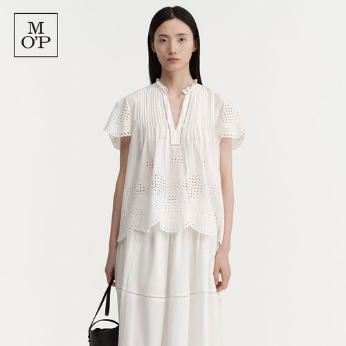 Marc O'Polo/MOP26夏新款淑女白色镂空花边衬衫女荷叶边短袖上衣