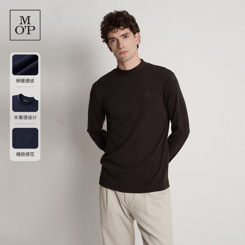 Marc O'Polo/MOP冬季新款休闲柔软德绒logo绣花半高领长袖T恤男士