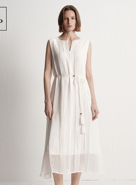 Marc O'Polo/MOP2025夏季新款串珠装饰收腰打褶白色无袖连衣裙女