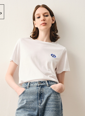 Marc O'Polo/MOP 夏季新款纯棉胸前绣花圆领透气短袖T恤女士