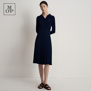 Marc O'Polo/MOP25冬季新款POLO领X型logo刺绣纽扣毛织百褶连衣裙