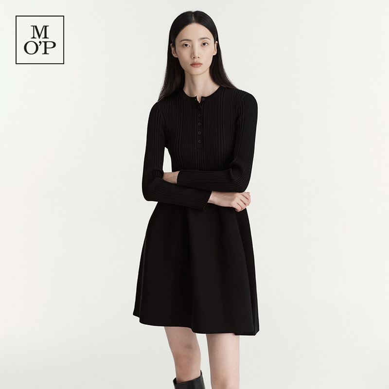 Marc O'Polo/MOP2026冬季新款黑色收腰厚毛织时尚拼接A字连衣裙女