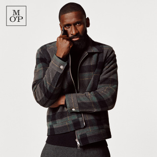 新款 MOP冬季 休闲简约小方领羊毛翻领格纹毛呢夹克男 德国队同款