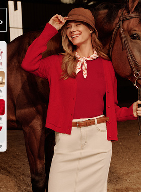 [新年限定]Marc O'Polo/MOP2026春季新款红色小马刺绣毛织开衫女