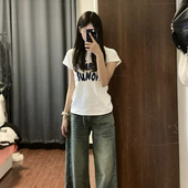 修身 辣妹短款 百搭体恤上衣服 T恤女夏美式 设计感小众正肩纯棉短袖