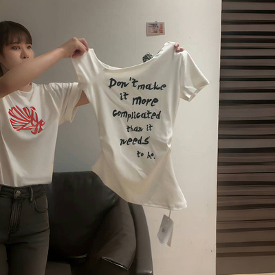 美式辣妹短款斜领纯棉短袖T恤